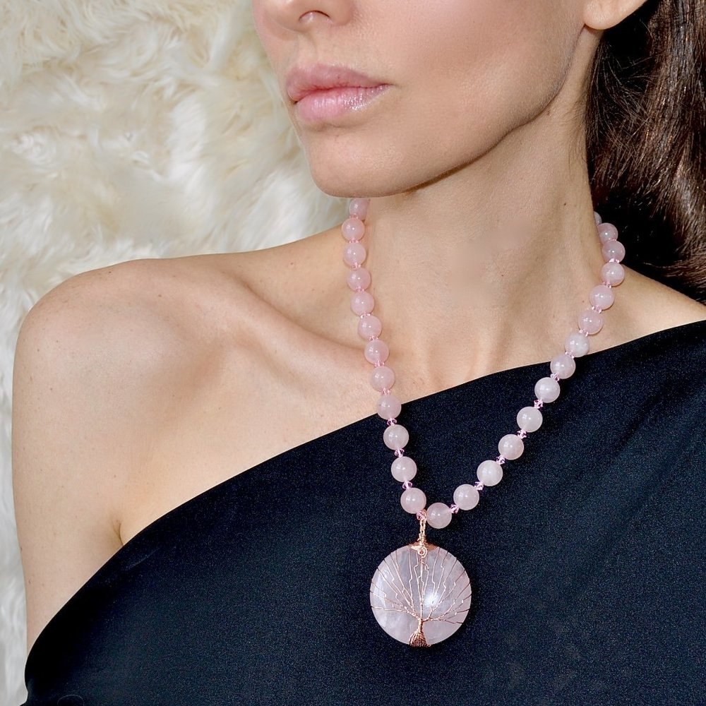 Rose Quartz Tree Of Life Hand Knotted Necklace